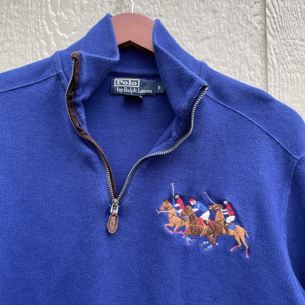 Vtg Polo Ralph‎ Lauren 1/4 Zip Pullover 3 Horsemen Size Small Preppy Equestrian